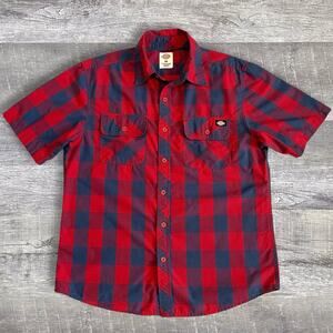 Dickies Buffalo Check Plaid Button Up Shirt Mens M Short Sleeve Red Navy Pockets